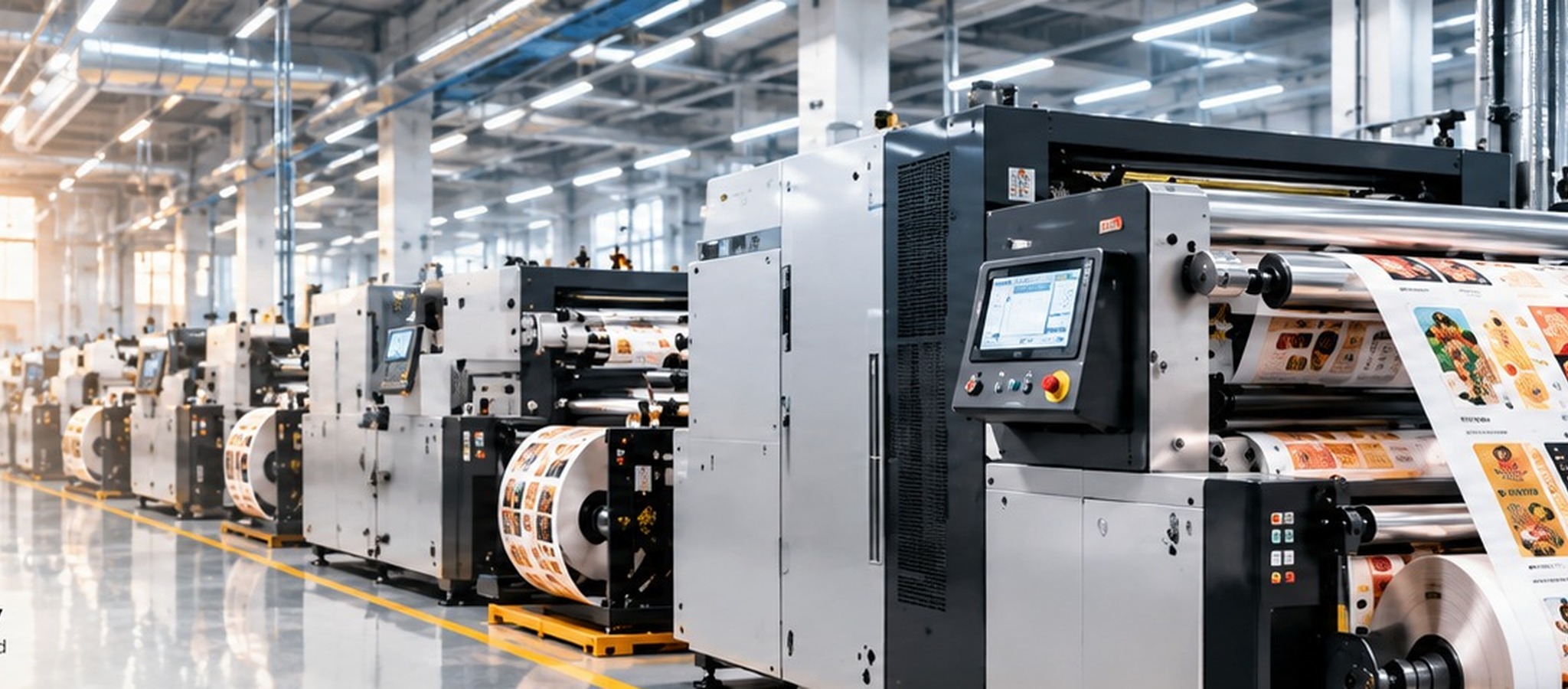 Modern label printing production line with scalable printing and finishing equipment