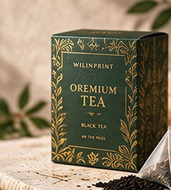 Decorative specialty labels on premium tea packaging
