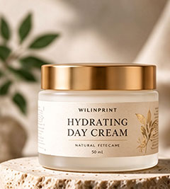 Cosmetic labels on a skincare cream jar