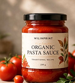 Custom food labels on a pasta sauce jar